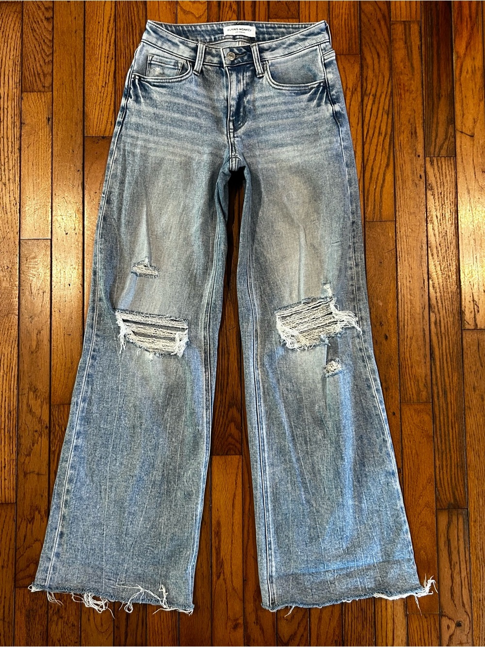 Flying Monkey Mid Rise Wide Leg Distressed Raw Hem Jeans Size 25 32” Inseam